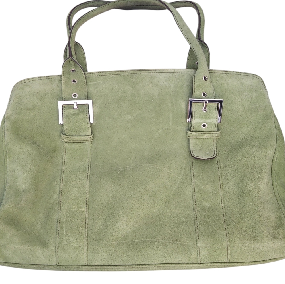 Levenger Olive Suede Tote with Silver Buckle Accents